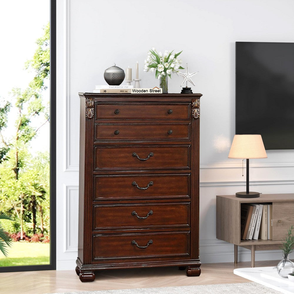 Benjara Miri 51 Inch 6 Drawer Tall Dresser Chest, Brass Carved, Cherry Oak Brown Benjara Miri 51 Inch 6 Drawer Tall Dresser Chest, Brass Carved, Cherry Oak Brown
