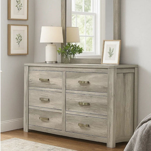 Yuna Dresser | 59" | 6 Drawers | Wood Grain Gray | Silver Bar Handles