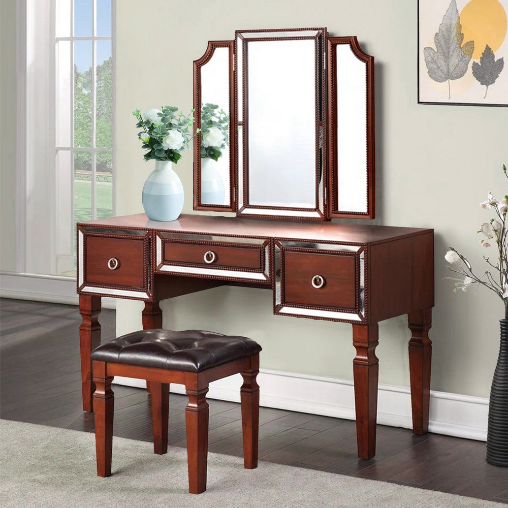 Thuy 60 Inch Vanity Desk Set, Upholstered Stool, Trifold Mirror, Brown By Casagear Home