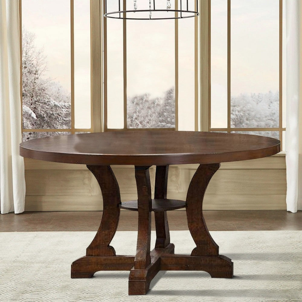 Neci 54 Inch Round Dining Table, Classic Pedestal, Painted Distressed Brown By Casagear Home