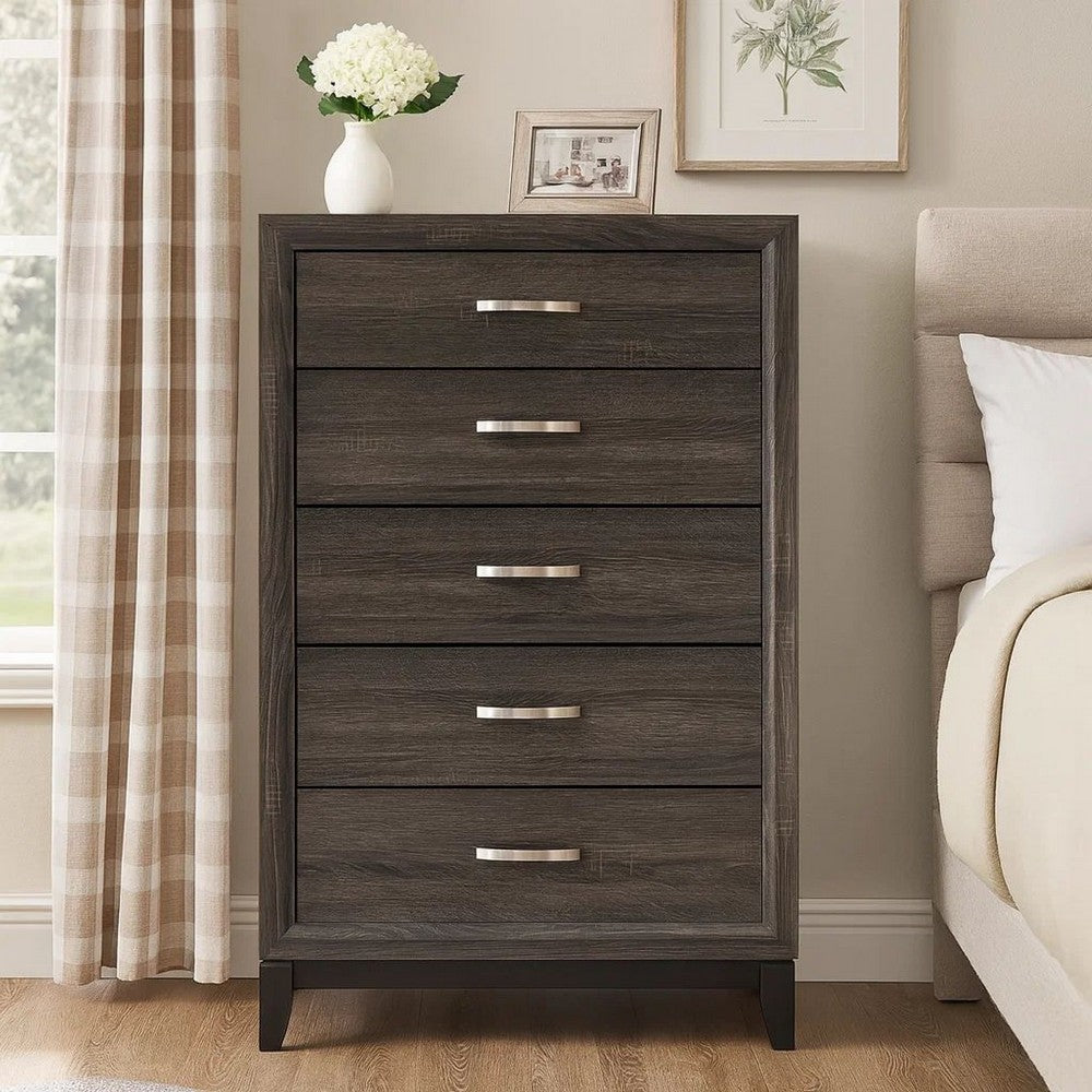 Benjara 50 Inch Classic 5 Drawer Tall Dresser Chest with Metal Handles, Oak Gray Benjara 50 Inch Classic 5 Drawer Tall Dresser Chest with Metal Handles, Oak Gray