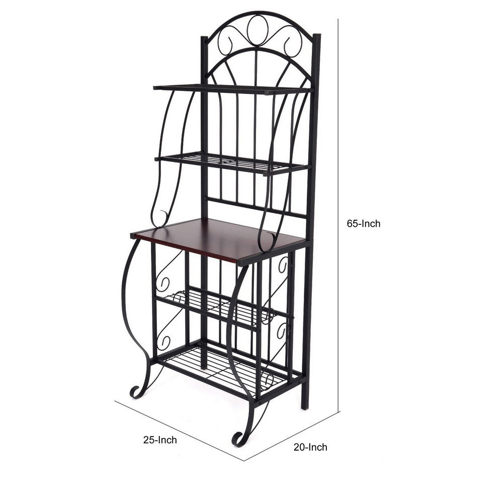 65" 5 Tier Bakers Rack, Wood Shelf, Carved Black Metal By Casagear Home