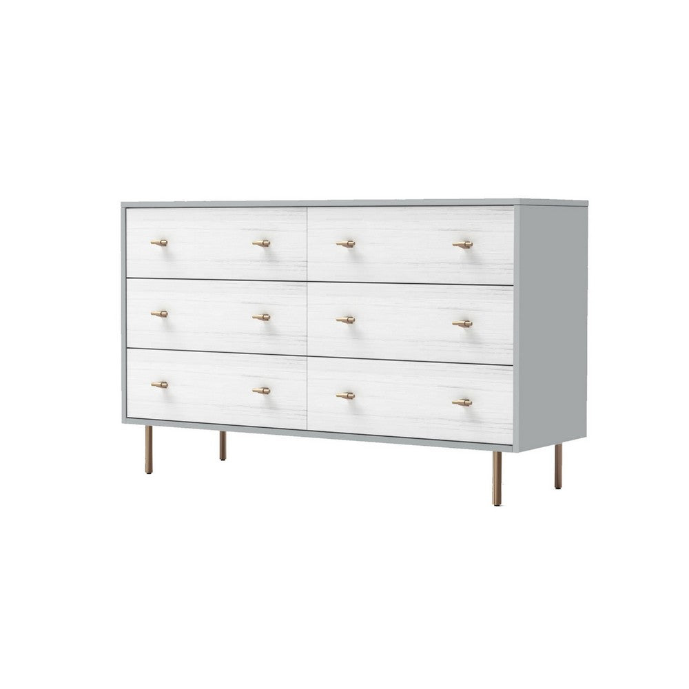 Dap 56" 6 Drawer Dresser, Satin Gold Handles, White, Gray by Casagear Home