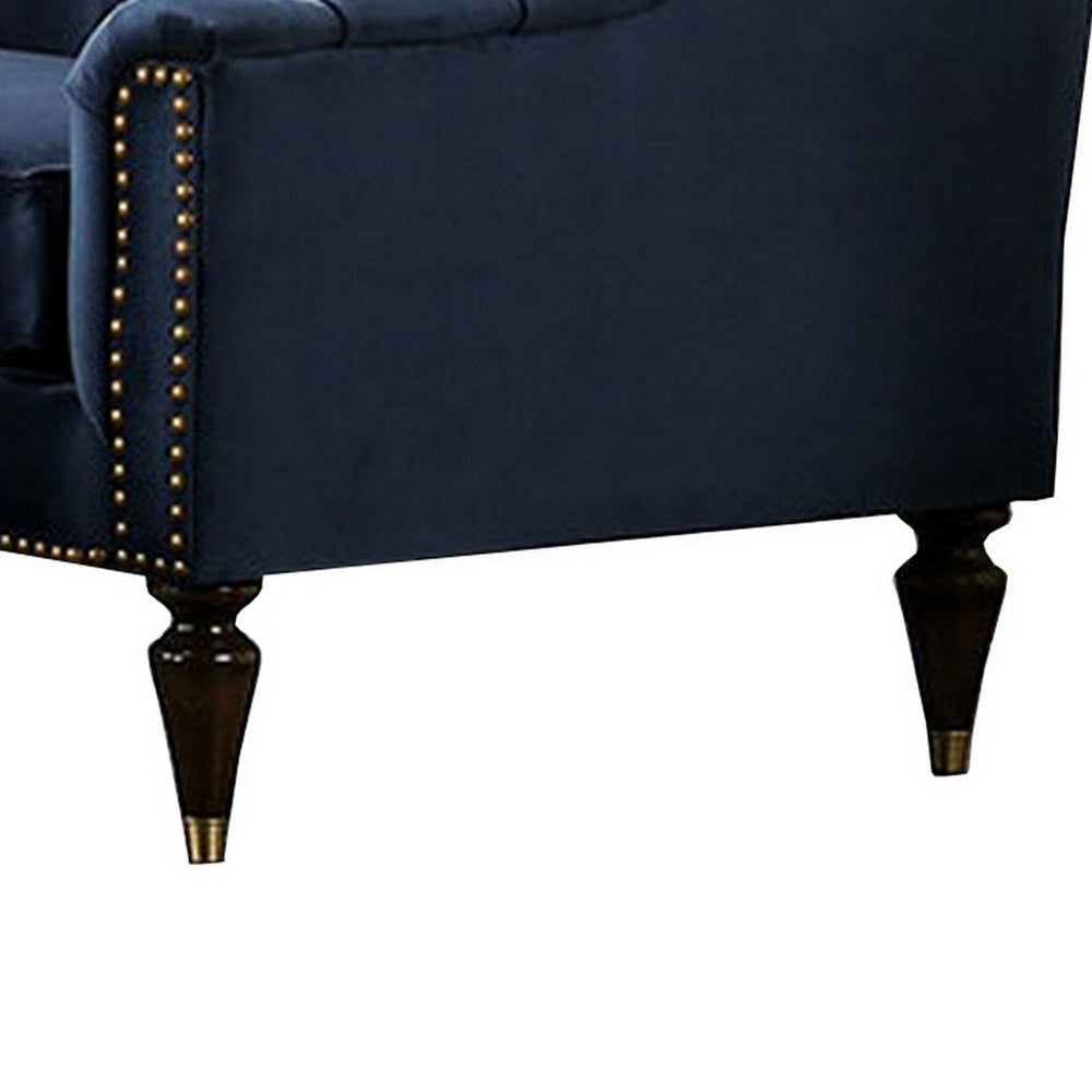 Cin 68 Inch Loveseat Tufted Camelback Bench Seat Nailhead Trim Blue BM299664