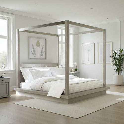 Nels Queen Platform Canopy Bed, Low Profile, Mitered Edges, Mineral Gray