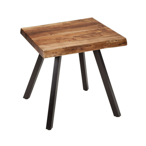 24 Inch Brown Acacia Wood End Table, Live Edges, Angular Black Metal Legs