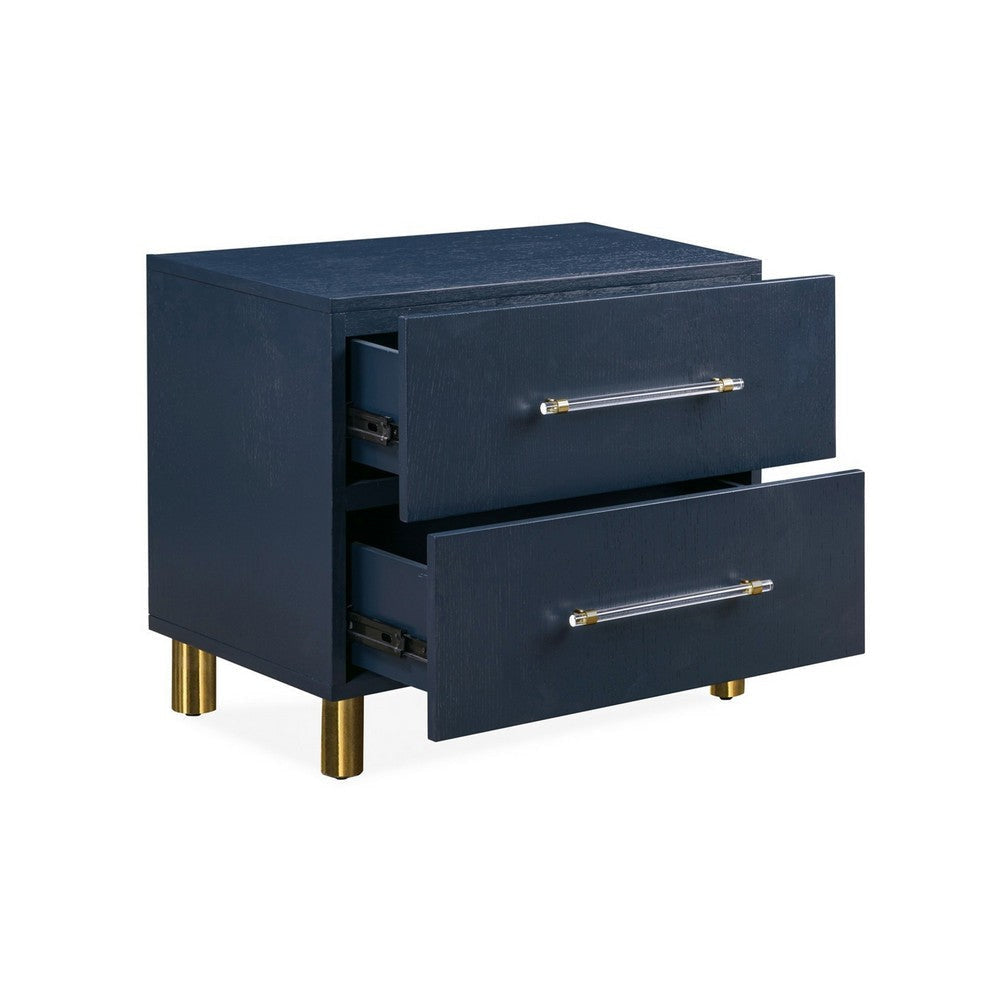 Herst 26 Inch Nightstand Navy Blue Wood 2 Drawers Cylindrical Brass Legs BM299764