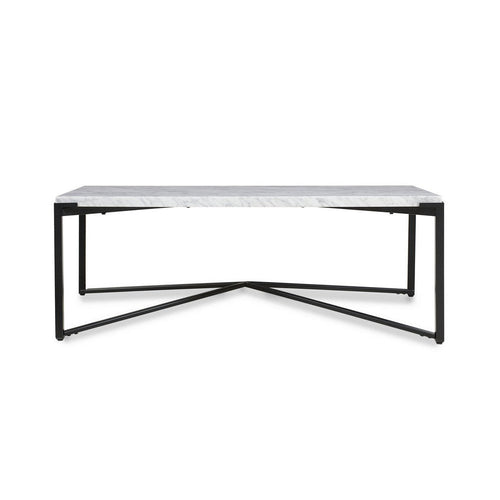 Agnew 48 Inch Coffee Table, White Marble Top, Tubular Black Steel Base