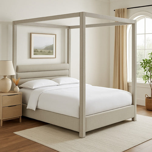 Riu Full Size Canopy Bed, Panel Headboard with Tufted Gray Linen Upholstery