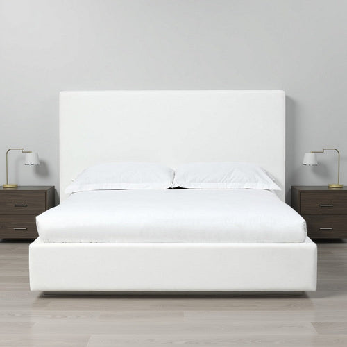 Uma King Size Platform Bed, Tall Panel Headboard, Cream Canvas Upholstery