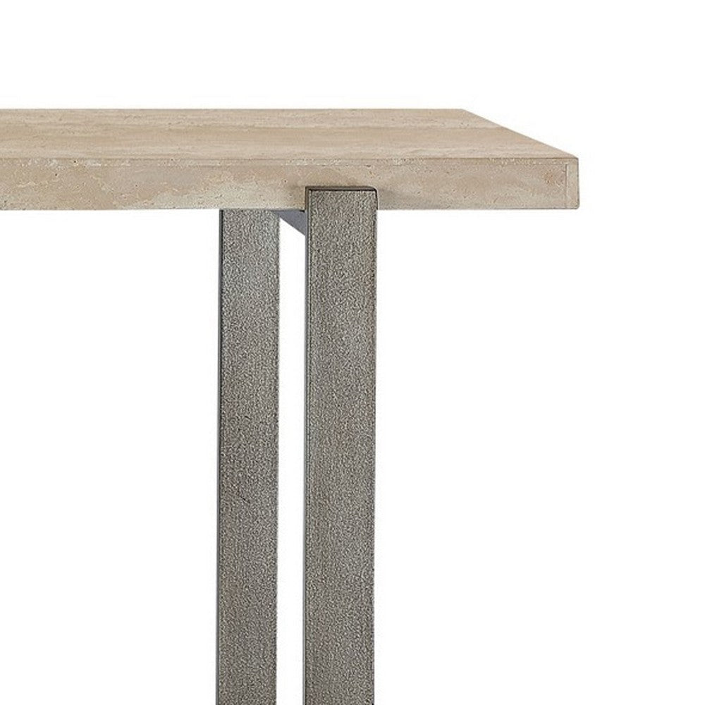 Oxy 54 Inch Console Side Table Stone Surface Metal Sled Base Bronze BM299878