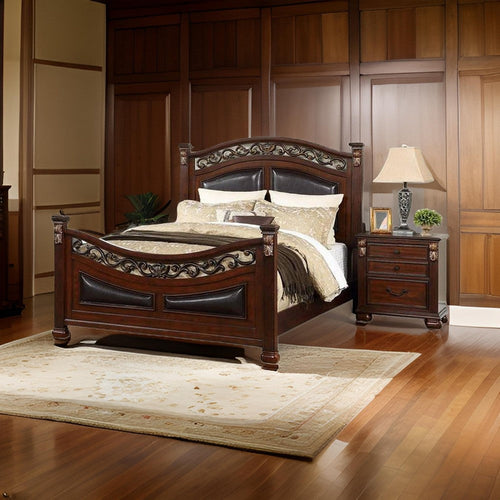 Miri Arched Queen Bed, Carved Leaf Details, Reeded Pilasters, Oak Brown