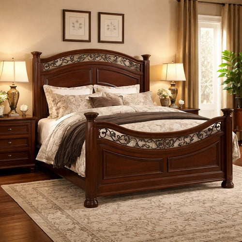 Miri Arched Queen Bed, Carved Leaf Details, Reeded Pilasters, Oak Brown