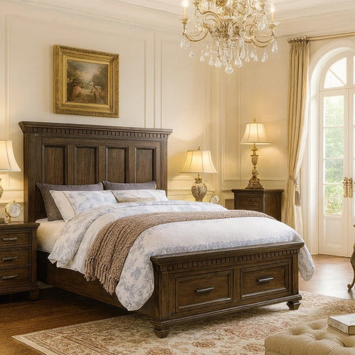 Ziv Classic California King Bed with Storage Drawers, Metal Handles, Brown