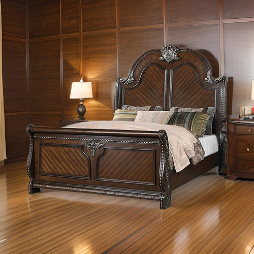Qoz Wood Queen Size Bed with Carved Trim, Scalloped Headboard, Brown By Casagear Home
