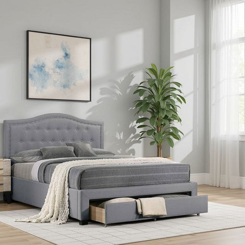 Buk Upholstered Tufted Queen Bed with Storage, Nailhead Trim, Gray Burlap