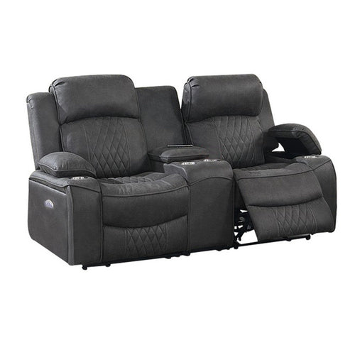 Seda 71 Inch Power Reclining Loveseat, Storage Console, Gray Faux Leather