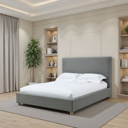 Azin Modern Queen Size Platform Bed, Panel Headboard, Dark Gray Upholstery