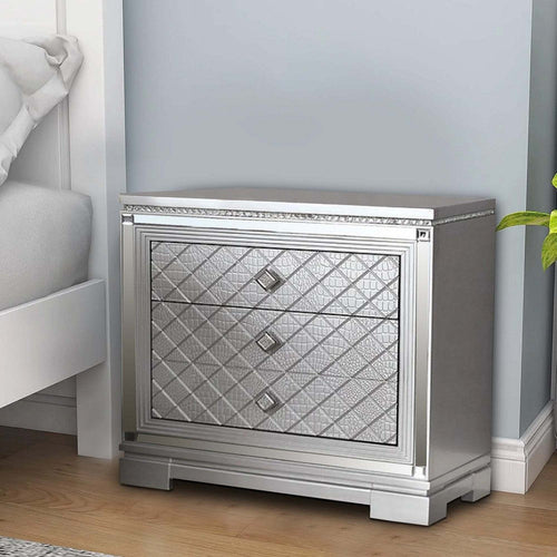 Fery 29 Inch Nightstand with 3 Drawers, Crossed Design, Silver Finish