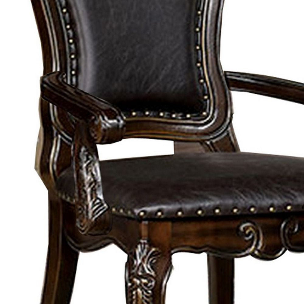 Ons 29 Inch Carved Dining Armchair Set of 2 Brown Faux Leather BM300605