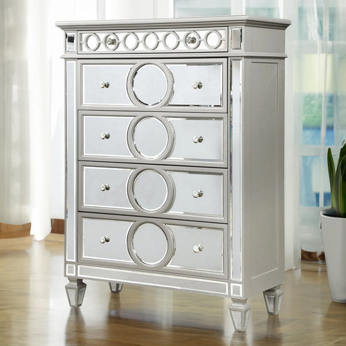 Jack 54 Inch Tall Dresser Chest, Mirror Panels, Circular Design, Silver By Casagear Home