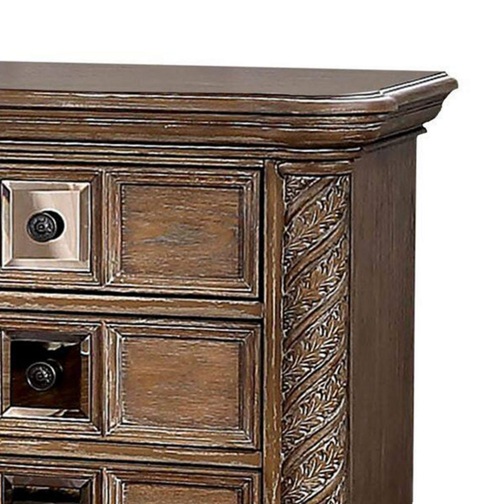 Isac 30 Inch Nightstand 3 Gliding Drawers Carved Faux Wood Rustic Brown BM300685