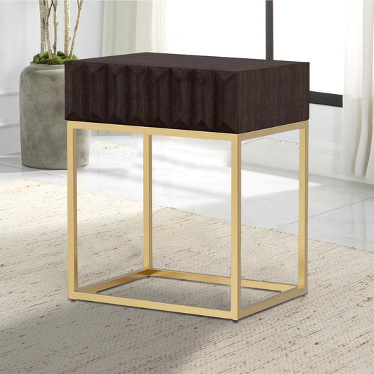 Bran 24" Modern Side End Table, Gold Steel Base, Brown Wood By Casagear Home