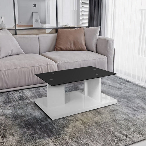 Liam 47 Inch Rectangular Coffee Table, White Wood, Pedestal Base, Glass Top