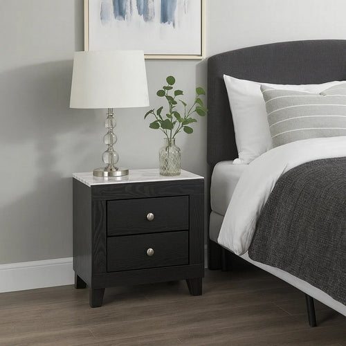 Yoh 23" 2 Drawer Nightstand, Marble Top, Metal Knobs, Black By Casagear Home