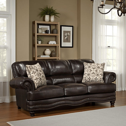 Rhea 88 Inch Accent Sofa, Brown Vegan Faux Leather, Nailhead Trim Accent By Casagear Home