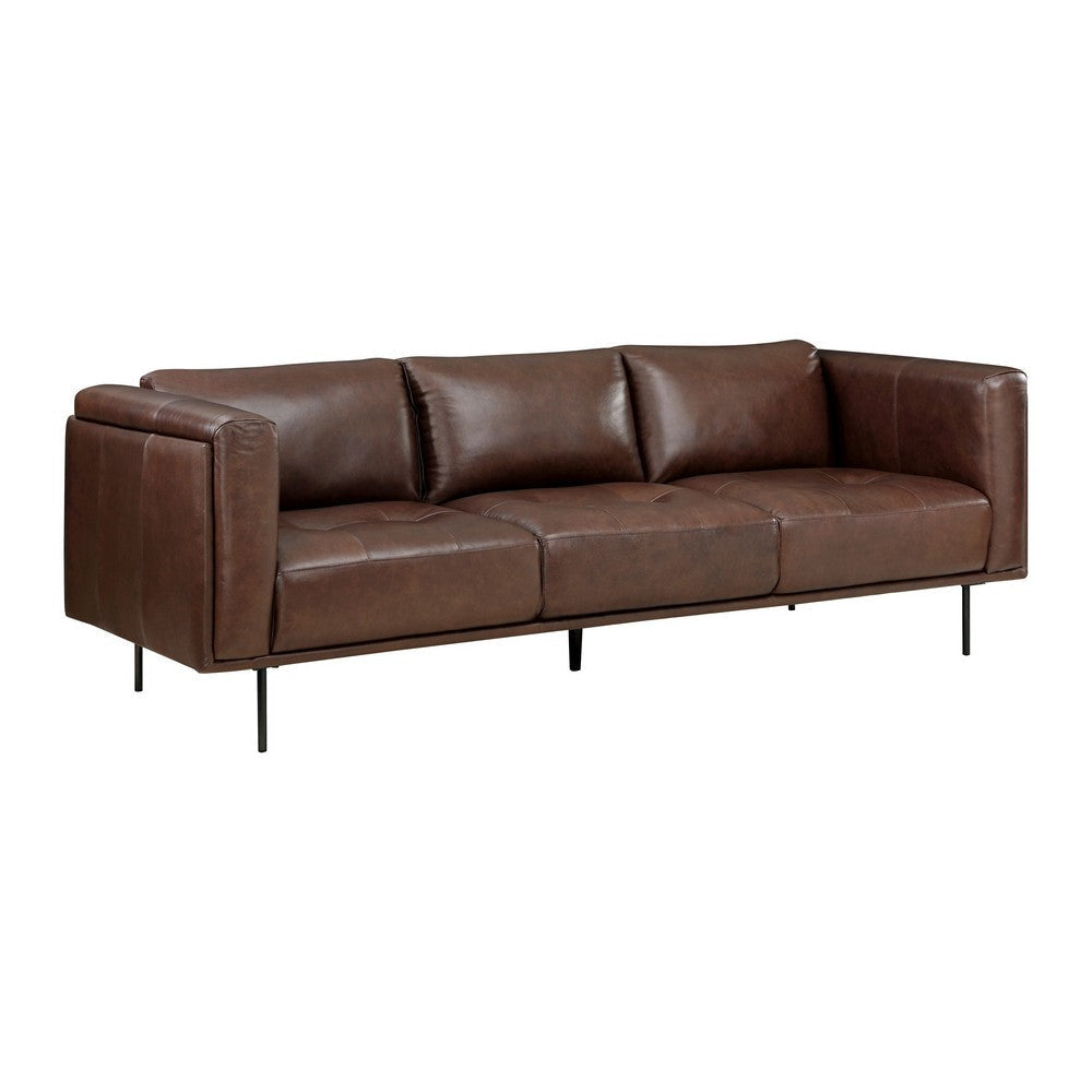 Sen 88 Inch Low Back Tufted Sofa, Brown Top Grain Leather, Metal Legs By Casagear Home
