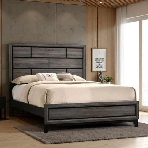 Mazie King Bed, Brick Style Headboard, Black Tapered Legs, Oak Gray Wood