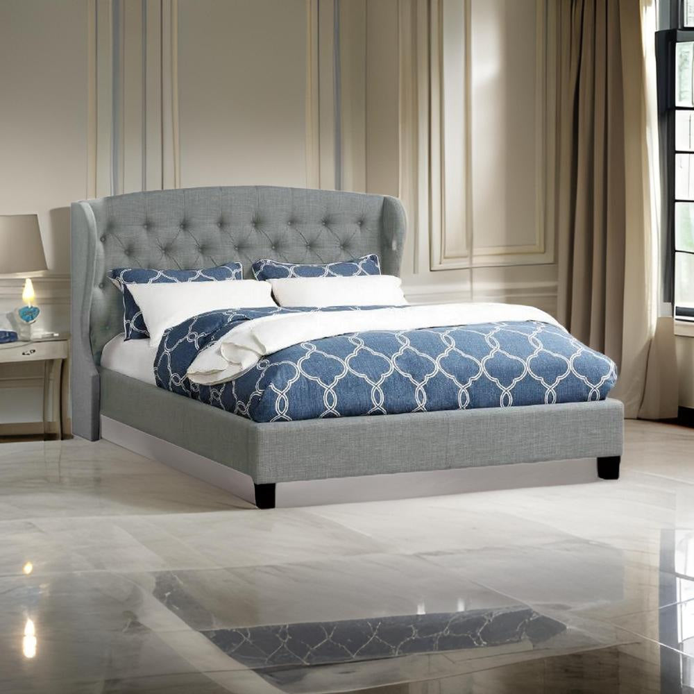 Jimi Queen Bed, Button Tufted Light Gray Polyester Upholstered Headboard By Casagear Home