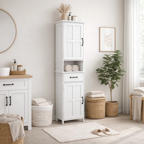 65" Tall Standing Cabinet, Open Shelf, Black Handles, White By Casagear Home