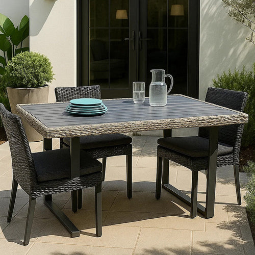 Foca 63 Inch Outdoor Rectangular Dining Table, Adjustable Height, Wicker