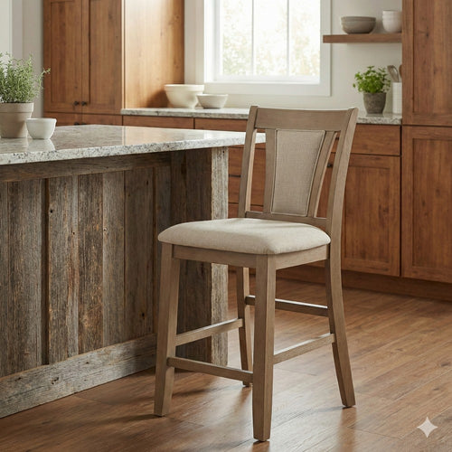 Mana 26 Inch Counter Height Chair, Set of 2, Beige Fabric, Brown Frame By Casagear Home