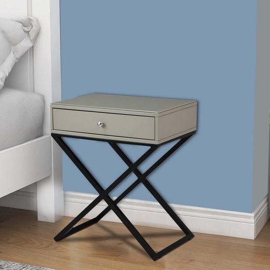 Zeno 27 Inch 1 Drawer Nightstand, Glass Top, Black Metal Cross Legs, Taupe By Casagear Home