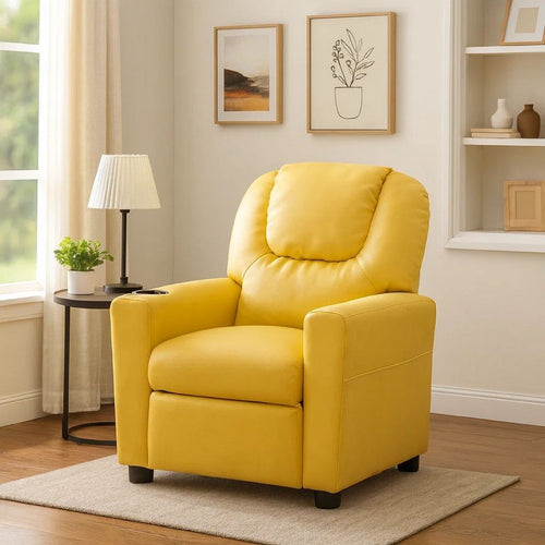Kids Youth Recliner Chair with Cup Holder, Yellow Faux Leather Upholstery