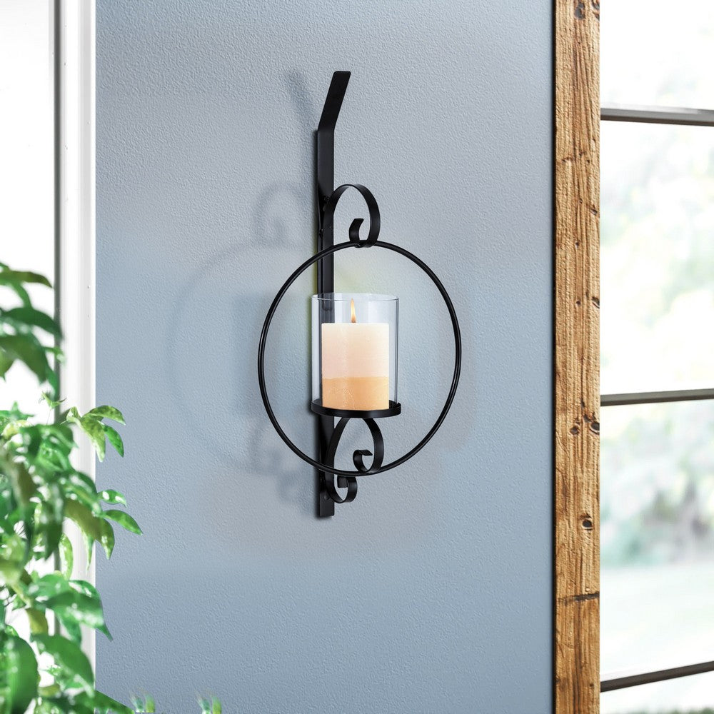 23 Inch Wall Sconce Candle Holder, Glass Hurricane, Keyhole Bracket, Black By Casagear Home