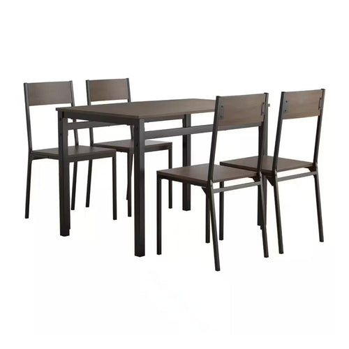 5 Piece Dining Set, Brown Wood Tabletop and Seats, Matte Black Metal Frames