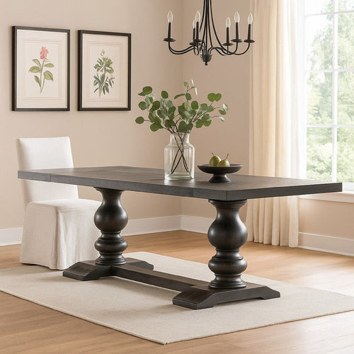 95-123 Inch Dining Table, 2 Extension Leaves, Turned, Antique Black Wood By Casagear Home