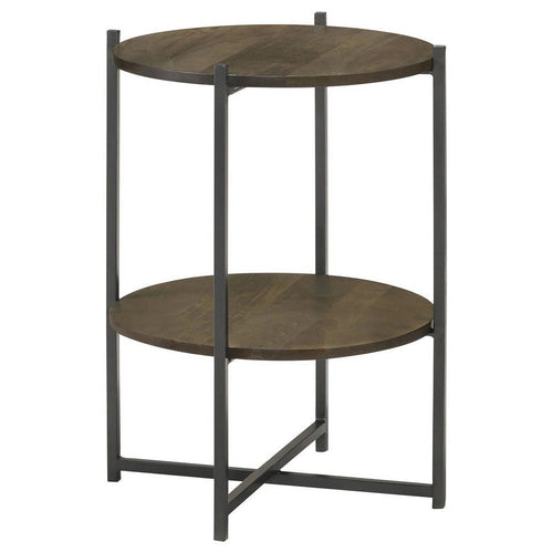 24 Inch Wood Round Accent Side End Table, 1 Open Shelf, Gray, Brown