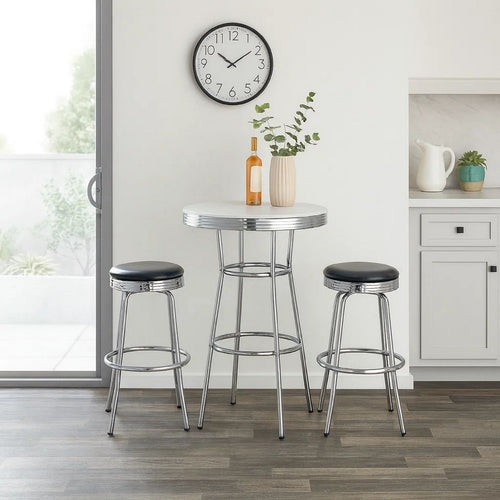 42 Inch Round Bar Table, Ribbed Apron, Glossy White Lacquer, Retro Style By Casagear Home