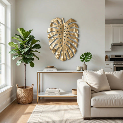 Linzo 25 Inch Metal Wall Hanging Decor, Monstera Leaf, Bright Gold Finish By Casagear Home