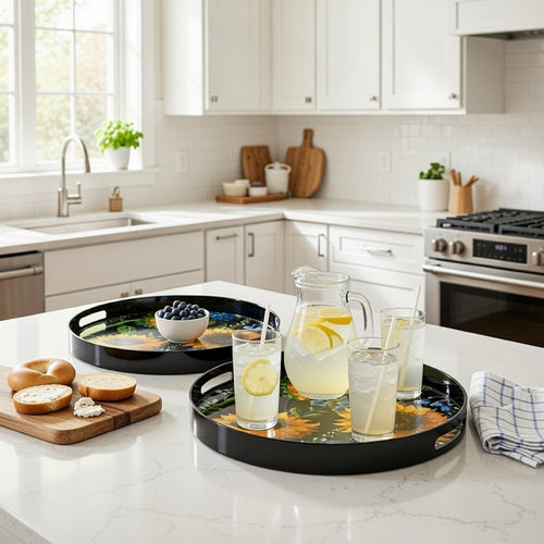 2 Piece Modern Decorative Trays, Round Plastic Frame, Sunflower Motifs By Casagear Home