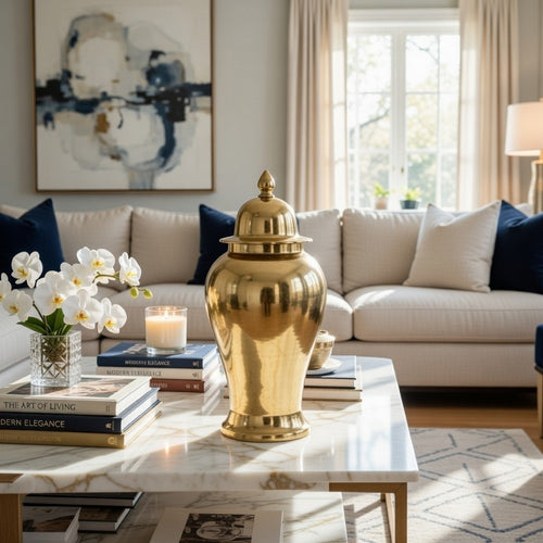 21 Inch Lidded Vase Urn, Finial Accent, Brilliant Gold Aluminum Finish By Casagear Home