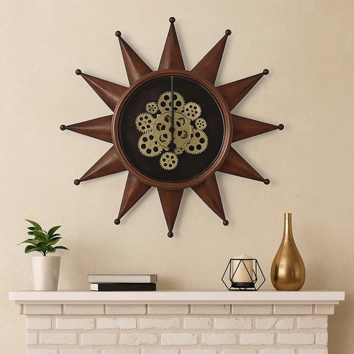 28 Inch Round Wall Clock, Sun Shaped Frame, Rich Brown, Bold Jet Black By Casagear Home
