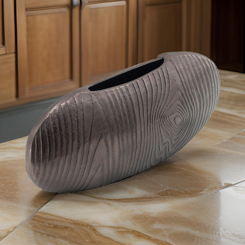 18 Inch Slim Oval Disc Decorative Vase, Wood Texturing, Gray Aluminum By Casagear Home