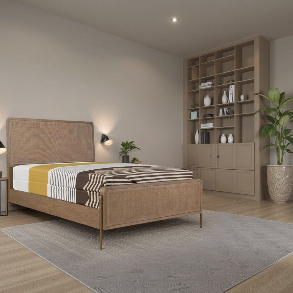 Sea Wood Queen Size Bed with Woven Cane Design, Open Panel, 4 Slats, Brown By Casagear Home