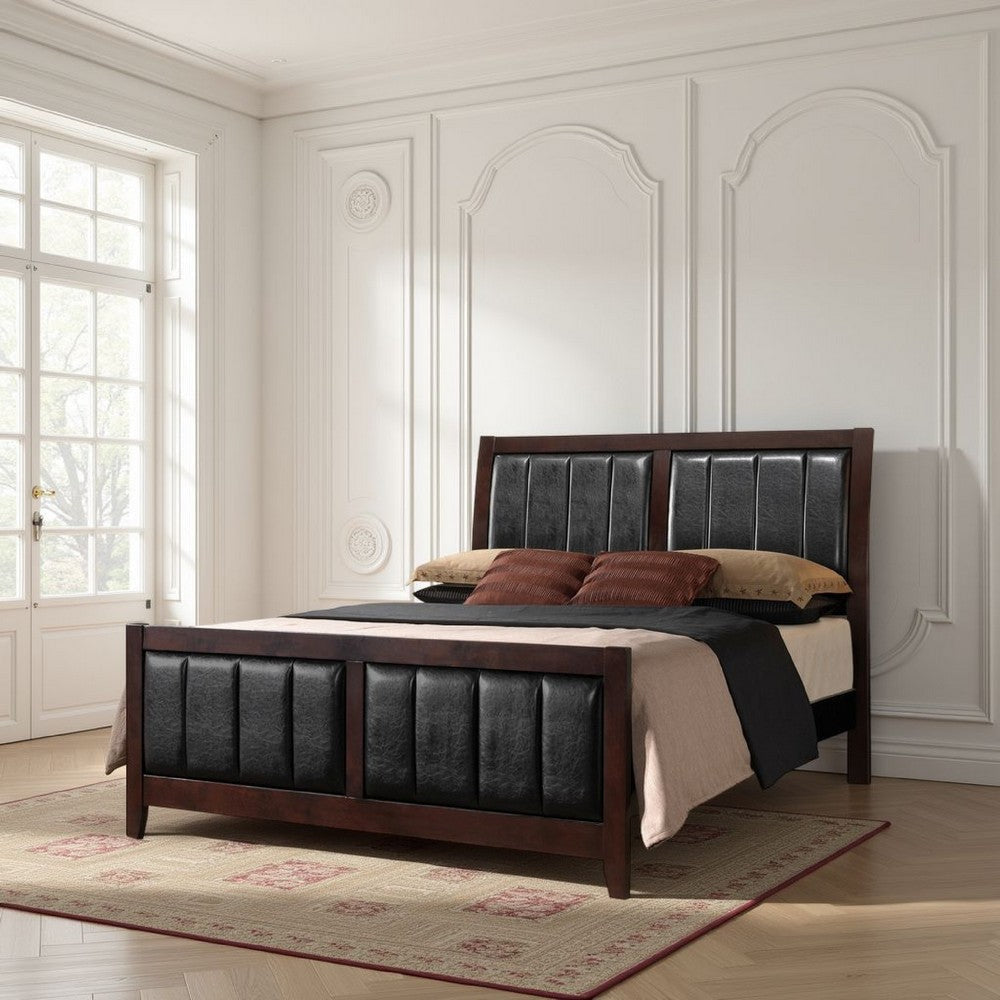 Vida Full Size Panel Bed, Black Leather Upholstery, Tapered Legs, Brown By Casagear Home